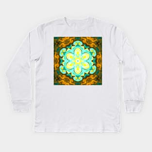 Psychedelic Mandala Flower Teal and Yellow Kids Long Sleeve T-Shirt